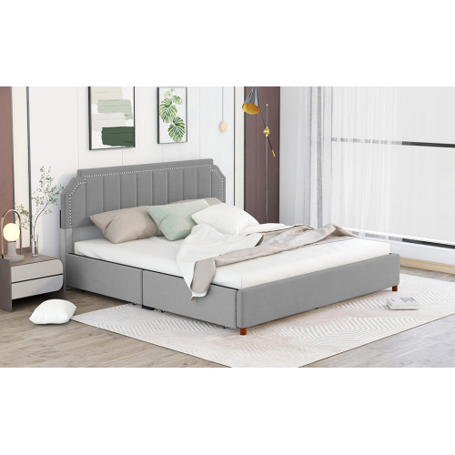 Queen Size Upholstery Platform Bed with Four Stora...