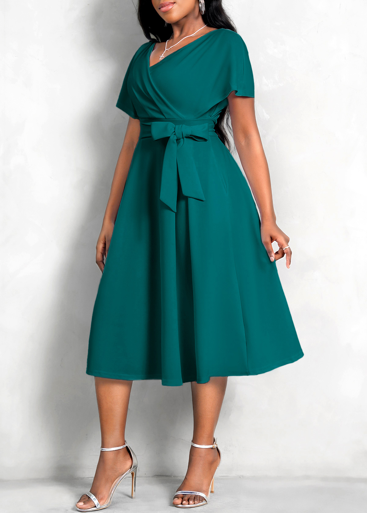 Cross Front Belted Short Sleeve Dress