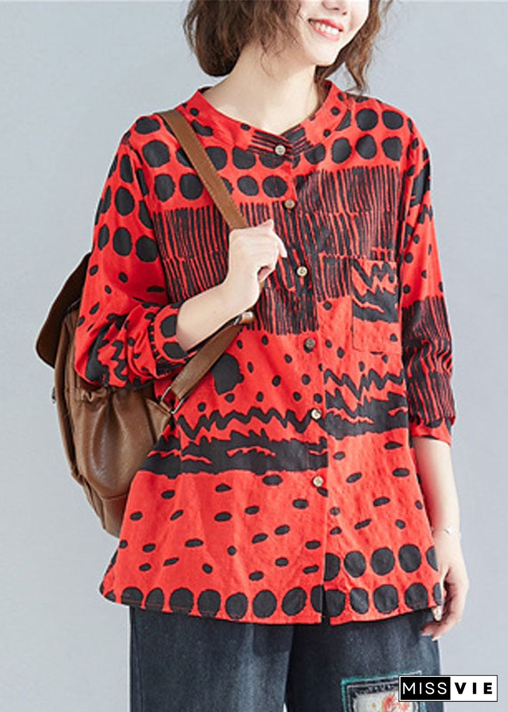 Boho Red O-Neck Button Print Pockets Fall Blouses Long sleeve