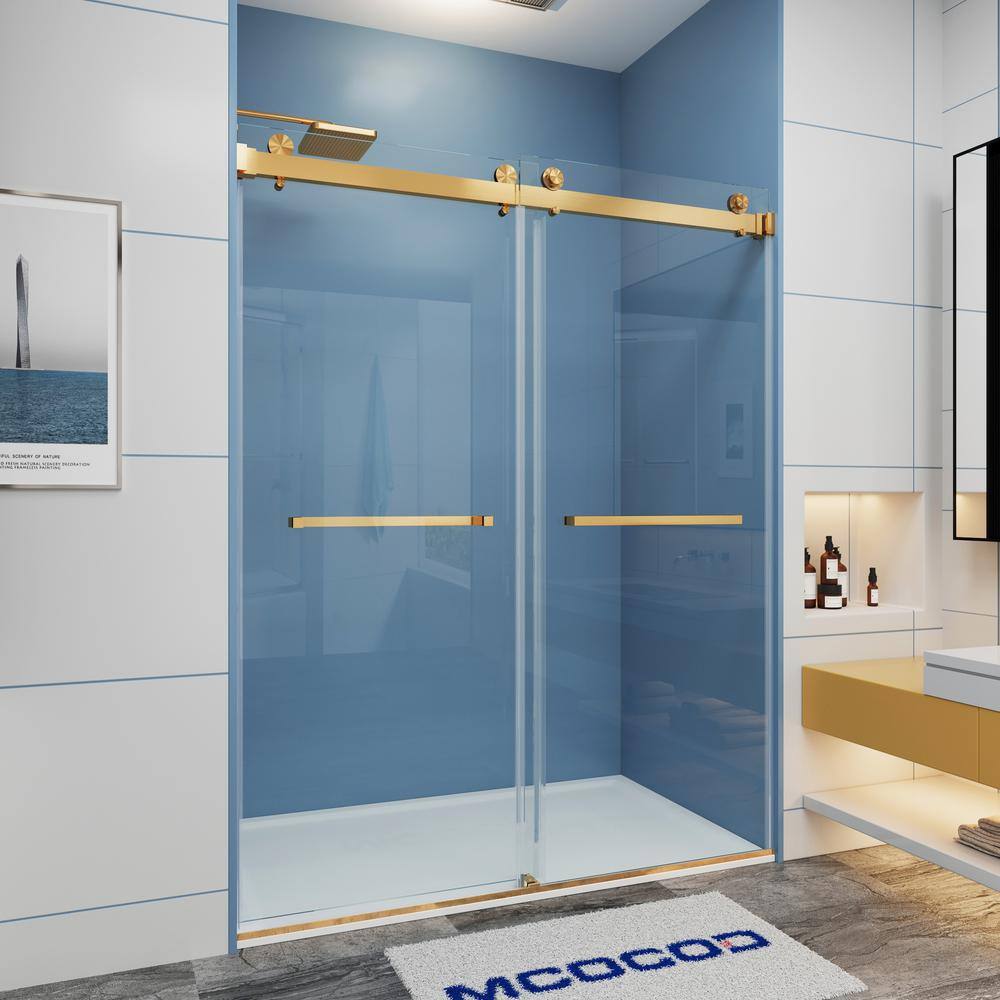 MCOCOD 60 in. W x 76 in. H Double Sliding Frameless Shower Door in Brushed Gold with Smooth Sliding and 38 in. (10 mm) Glass DS01-60x76-BG