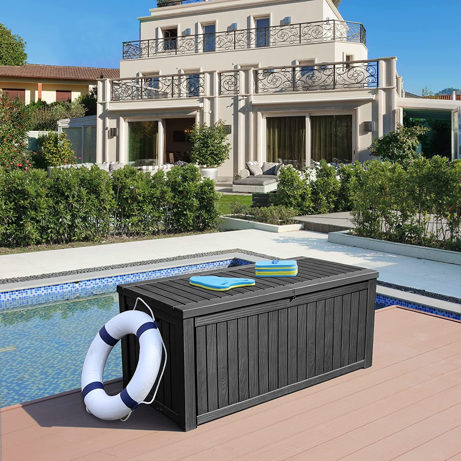 YITAHOME 150 Gallon Large Outdoor Storage Deck Box for Patio Furniture, Outdoor Cushions, Garden Tools, Sports Equipment and Pool Supplies with Flexible Divider, Waterproof, Resin, Lockable (Black)