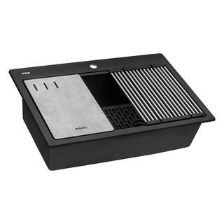 Ruvati epiStage Matte Black Granite Composite 33 in. Single Bowl Drop-In Workstation Kitchen Sink RVG1302BK