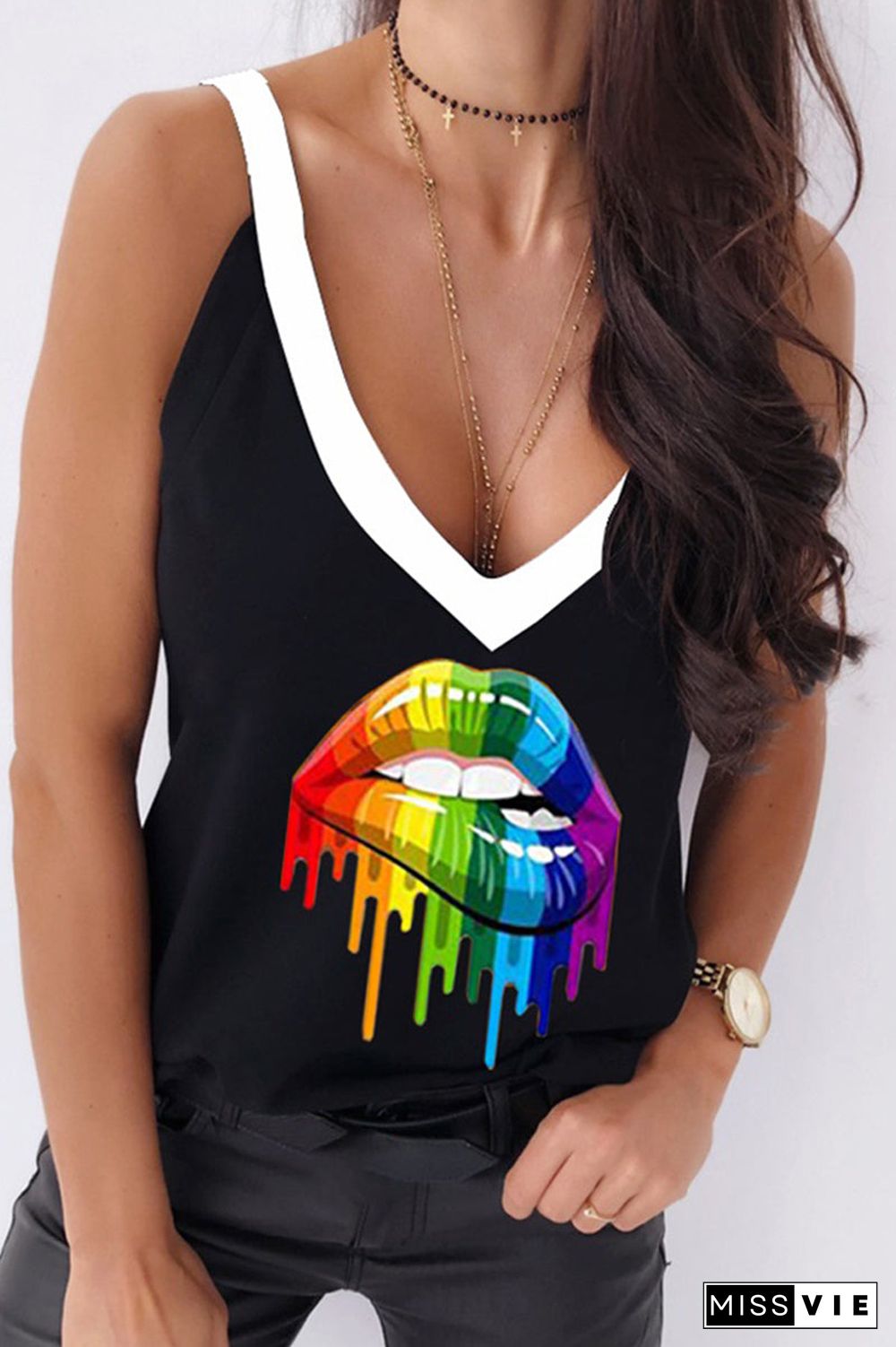 Lip Printed Deep V-Neck Tank Top