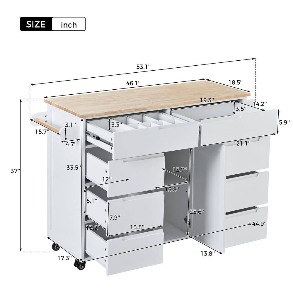 White Wood 53.1 in. Kitchen Island with 8 Handle-Free Drawers and 5 Wheels for Kitchen Dinning Room LH-950