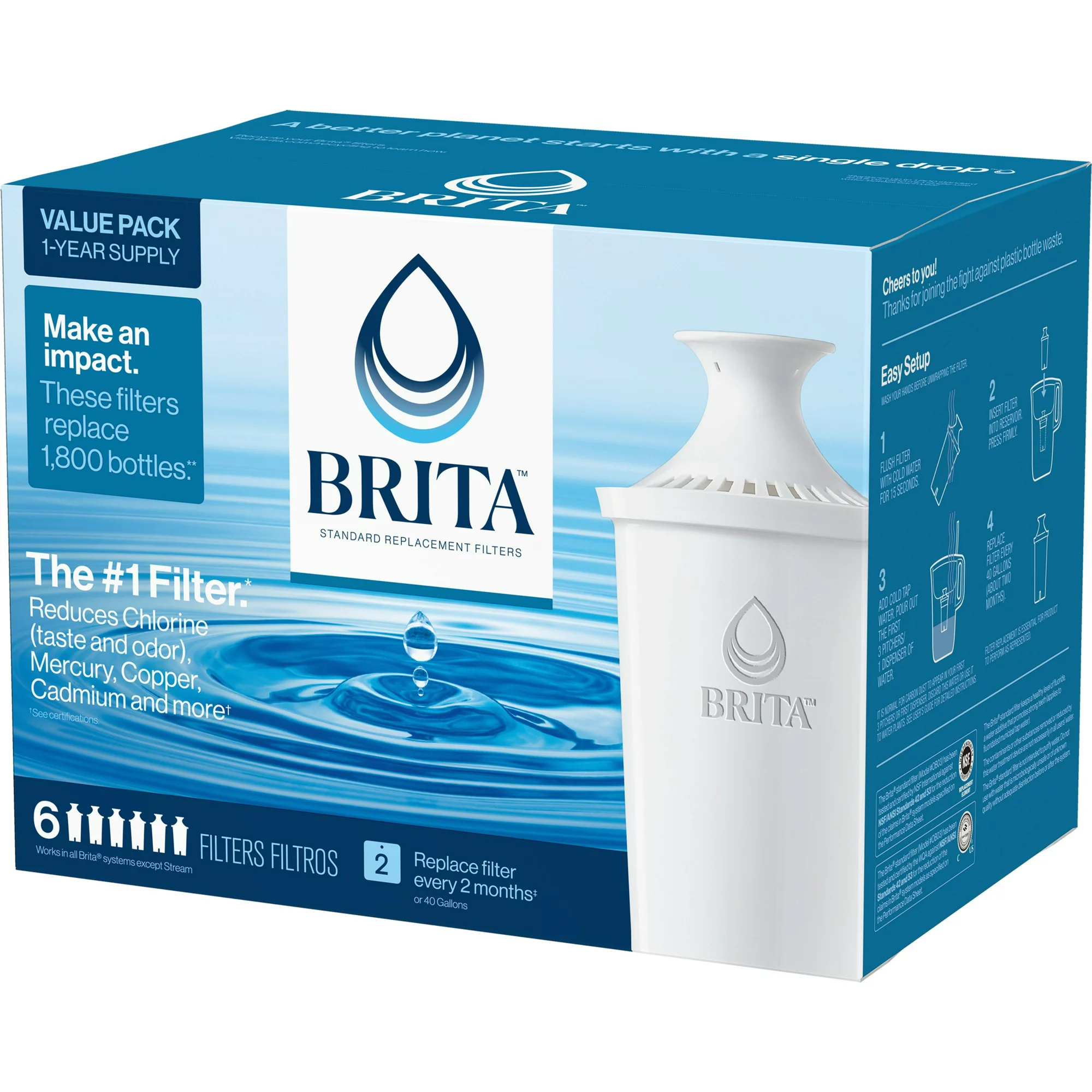 Brita Standard Water Filter， Replacement Filter for Pitchers and Dispensers， 6 Ct