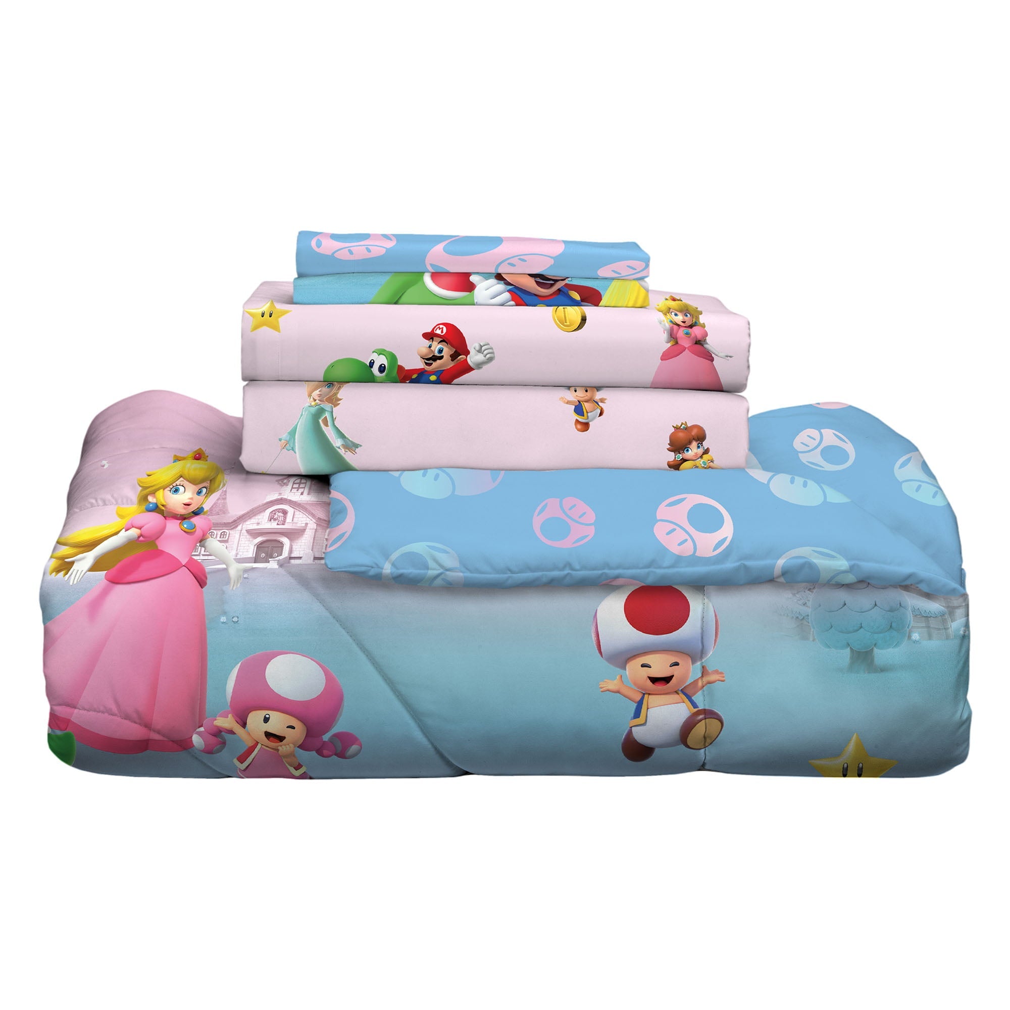 Super Mario Girl Kids Twin Bed in a Bag, Gaming Bedding, Comforter and Sheets, Pink, 