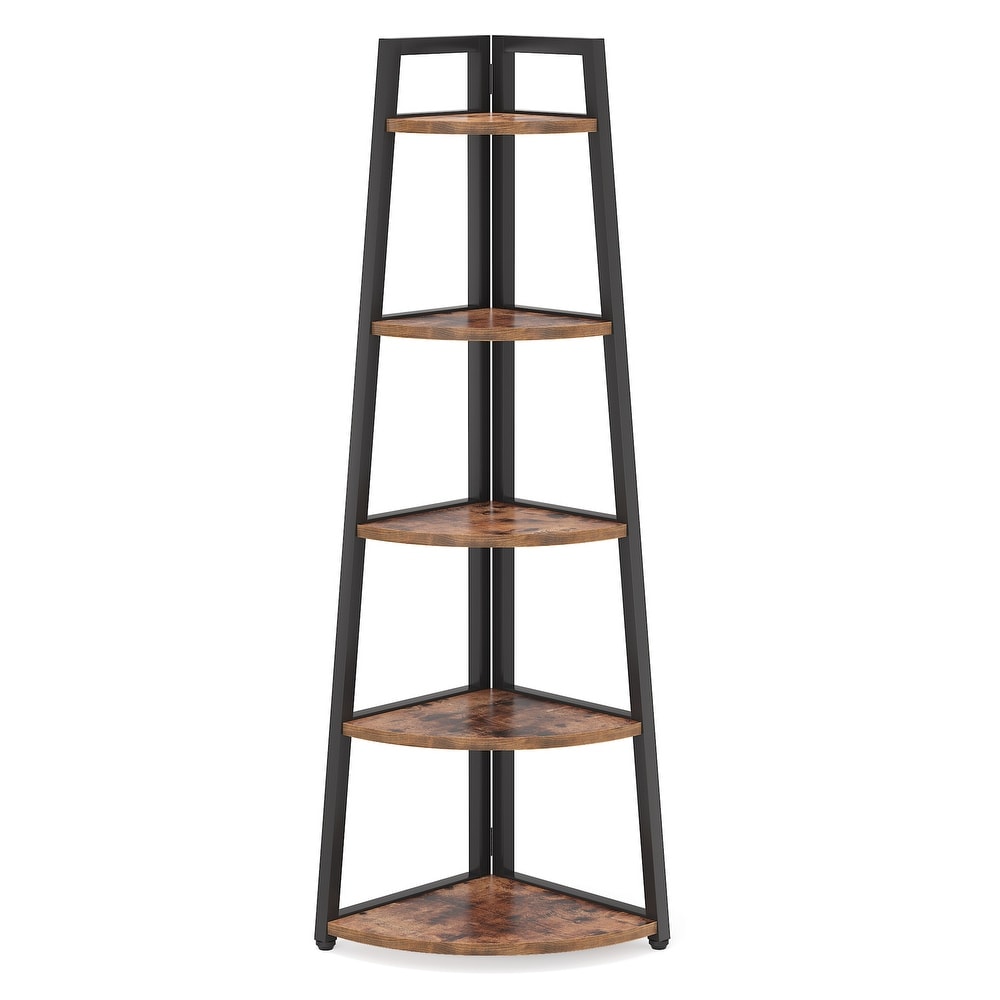 Brown/ Black Corner Ladder Shelf 5 Tier Corner Bookshelf Bookcase  White/ Gold 70 Inch Tall Display Rack for Small Space