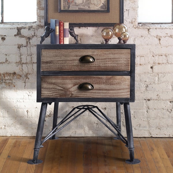 Armen Living Mathis Industrial 2-Drawer End Table in Industrial Grey and Pine Wood