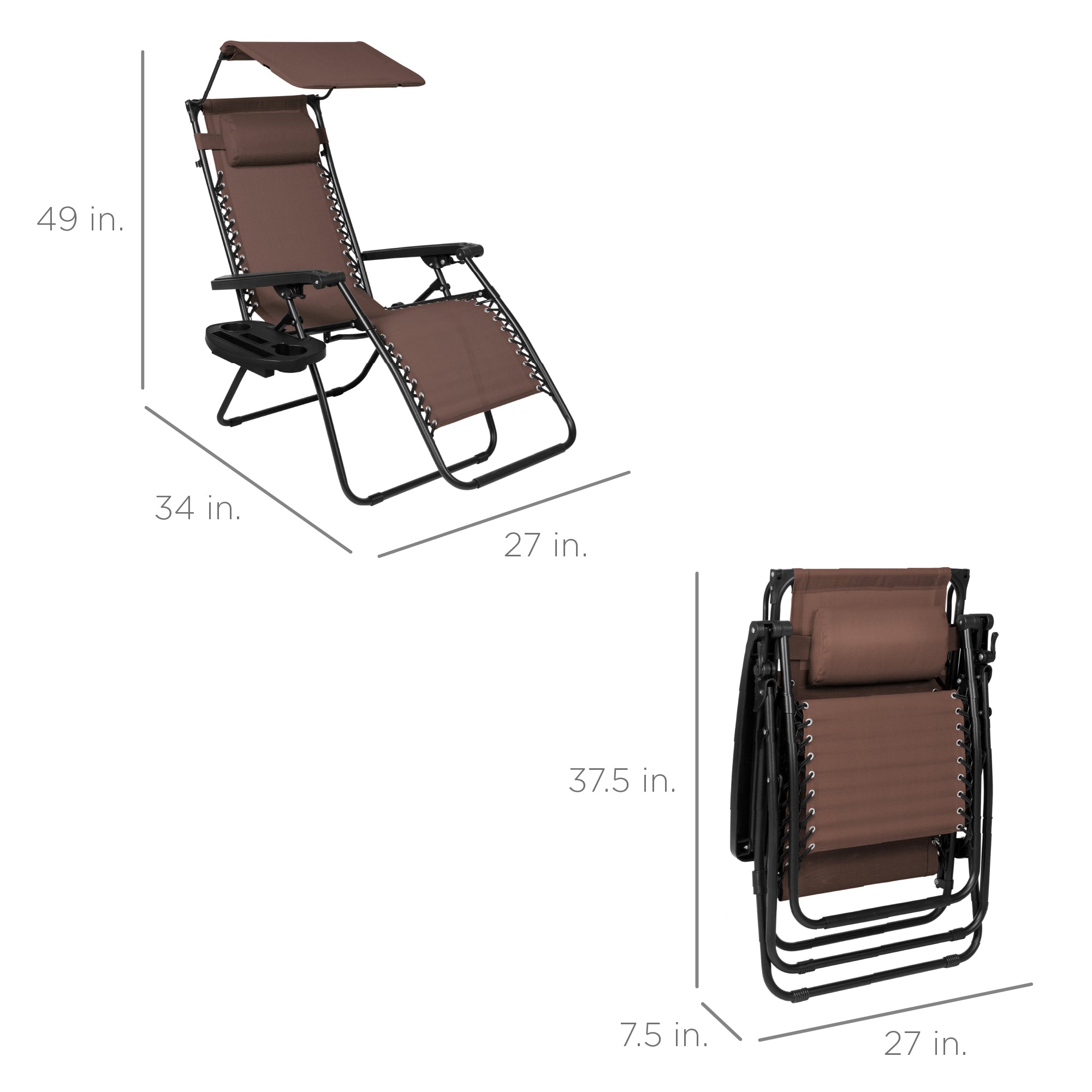 Best Choice Products Folding Zero Gravity Recliner Patio Lounge Chair w/ Canopy Shade, Headrest, Side Tray - Brown