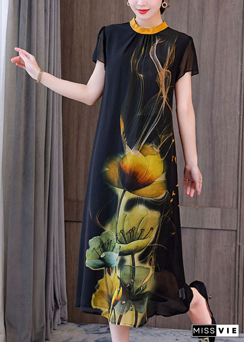 Classy Black Stand Collar Floral Print Chiffon Holiday Dresses Short Sleeve