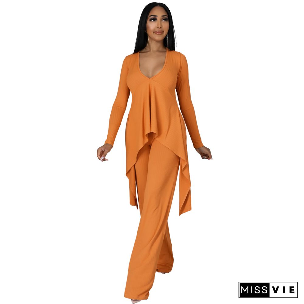 V Neck Irregular Top Straight-leg Pants Set