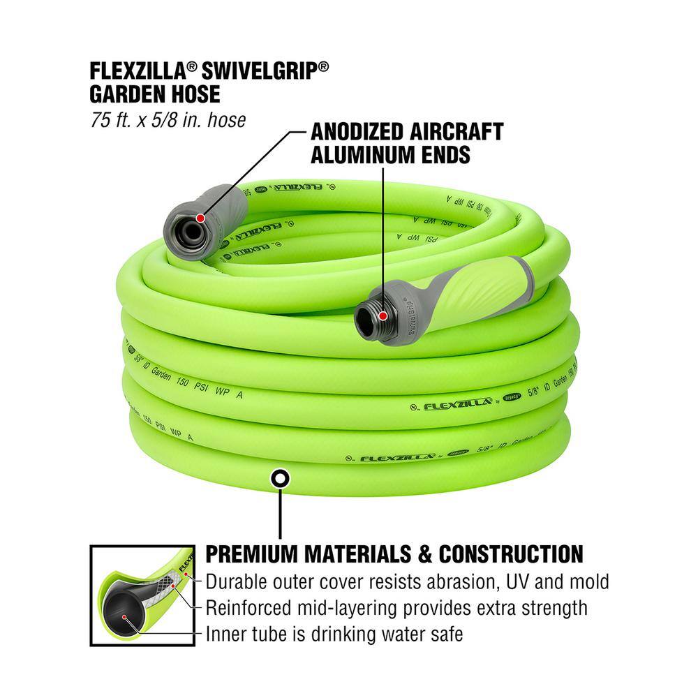 Flexzilla 58 in. x 75 ft. ZillaGreen SwivelGrip Garden Hose with 34 in. GHT Fittings HFZG575YWS-E