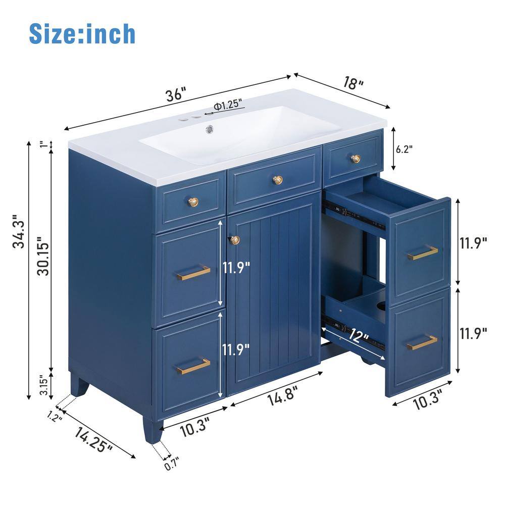 Aoibox 36 in. W x 18 in. D x 34 in. H Freestanding Bathroom Vanity Cabinet in Navy Blue with White Sink Top SNMX4439