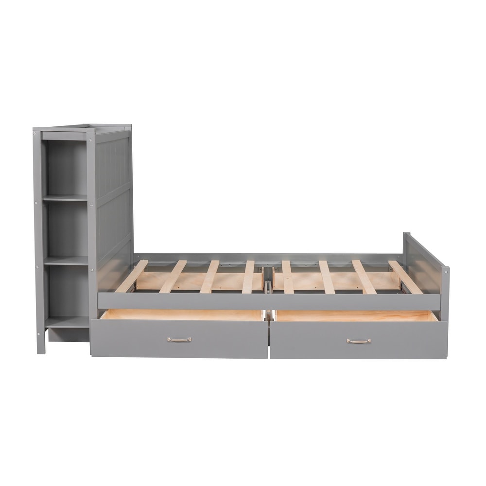 Full Size Platform Bed with Drawers and Storage Shelves  Gray