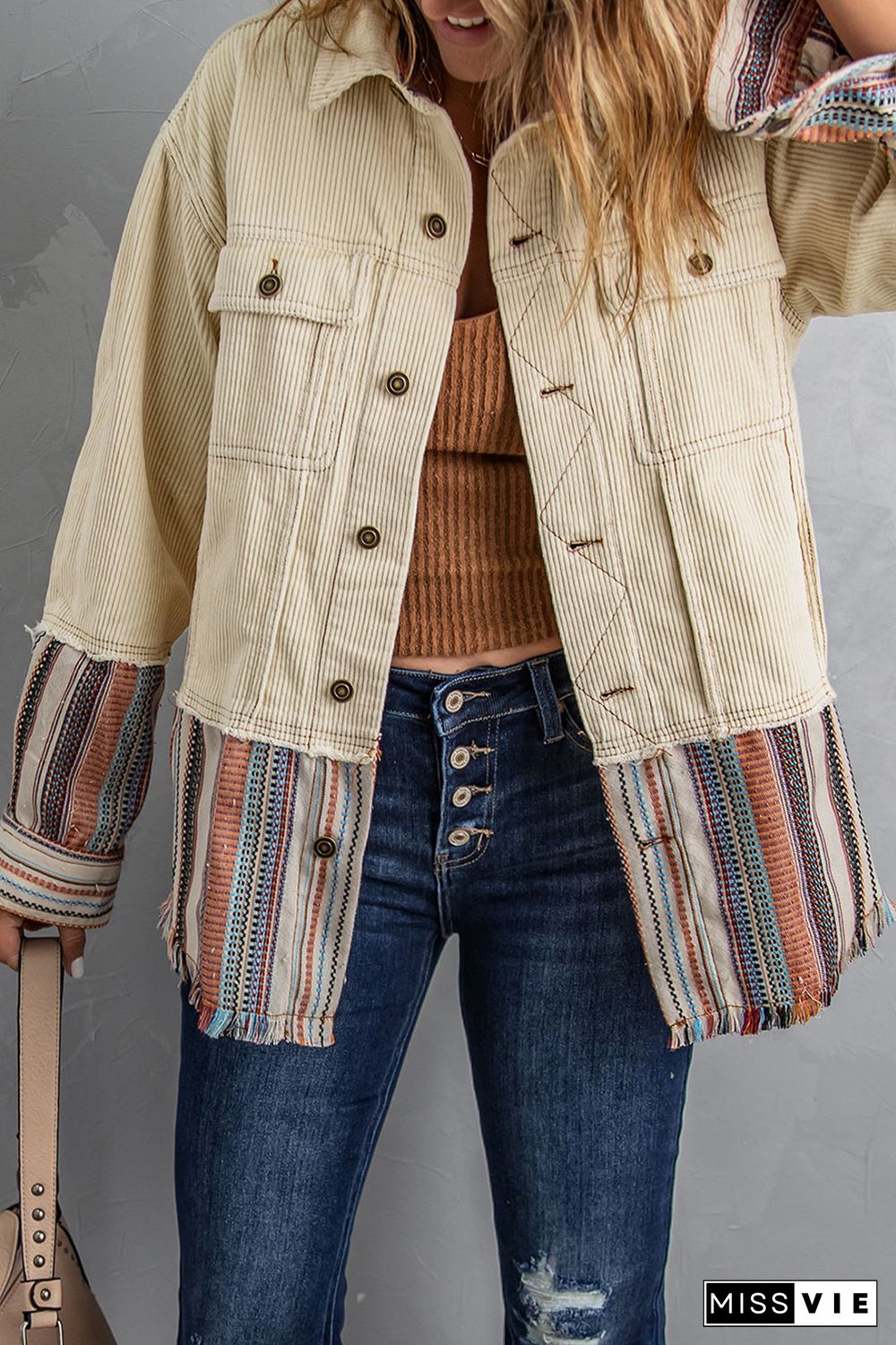 Button Up Pockets Striped Color Block Corduroy Jacket