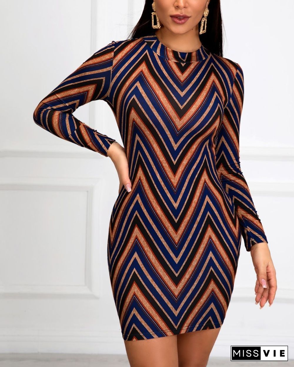 Chevron Stripes Long Sleeve Bodycon Dress P10728