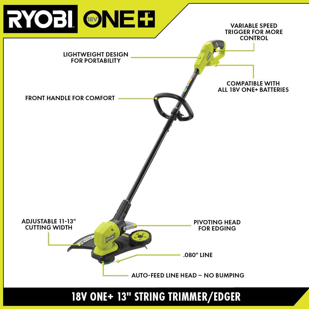 RYOBI ONE+ 18V Cordless 13 in. String Trimmer/Edger and Blower with 4.0 Ah Battery and Charger P2039