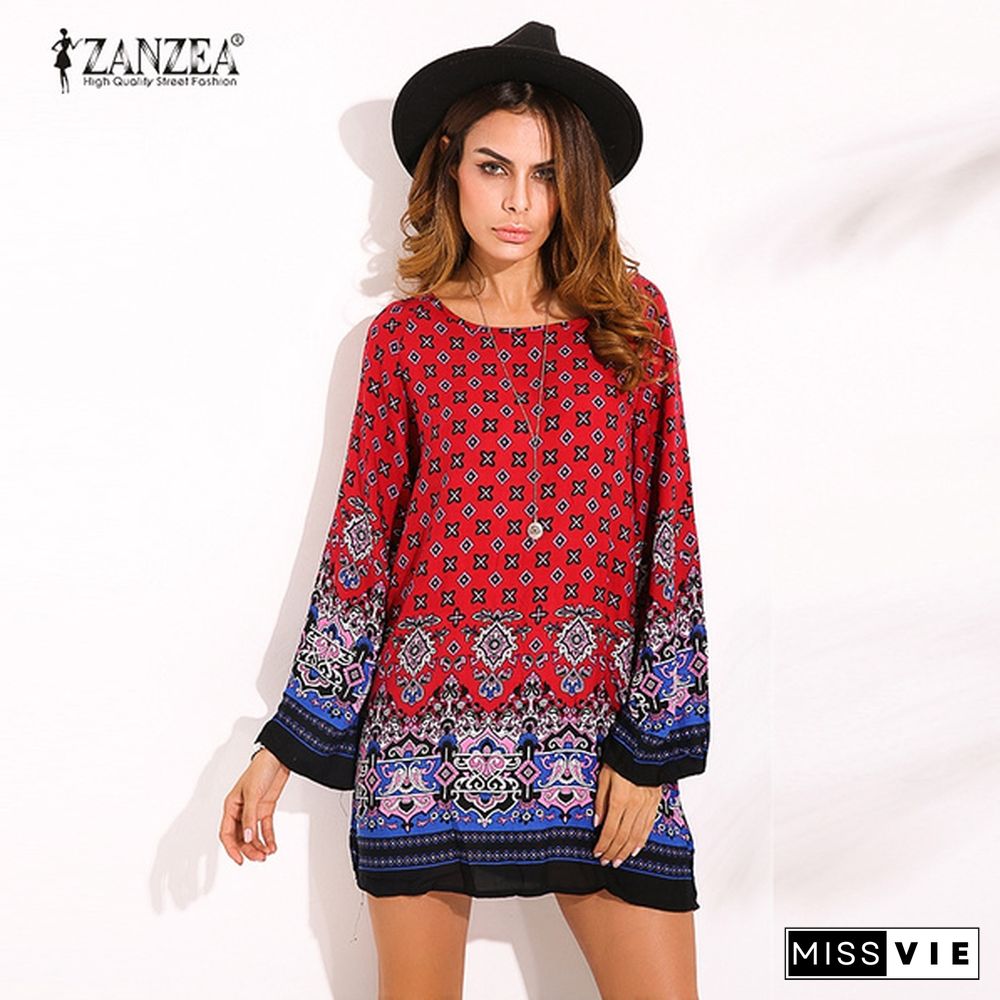 Zanzea Women Round Neck Floral Print Mini Dress Boho Ladies Casual Loose Long Tops Shirt Blouse