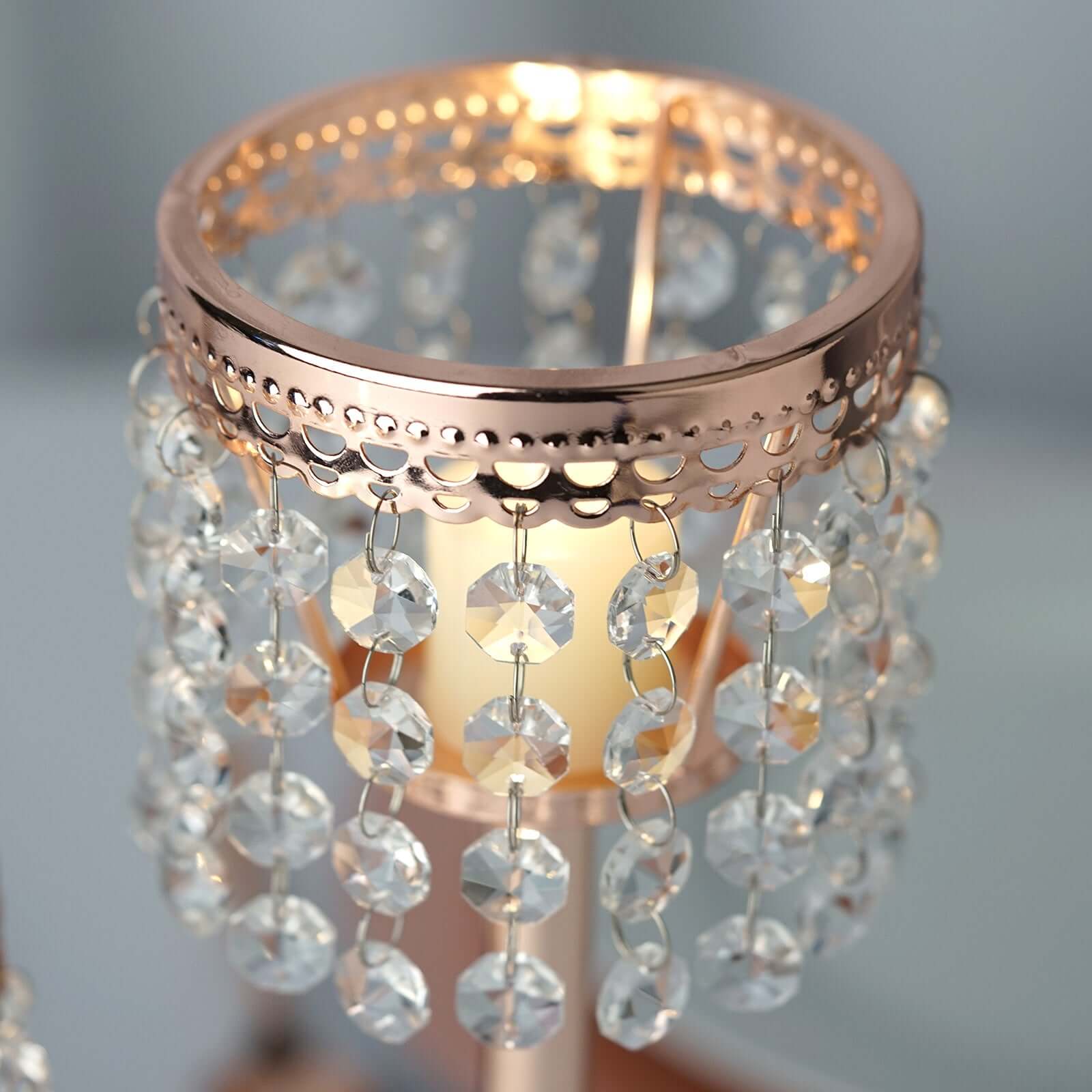 Rose Gold Crystal Beaded Chandelier Votive Pillar Candle Holder, Metal Tealight Candle Stand 12