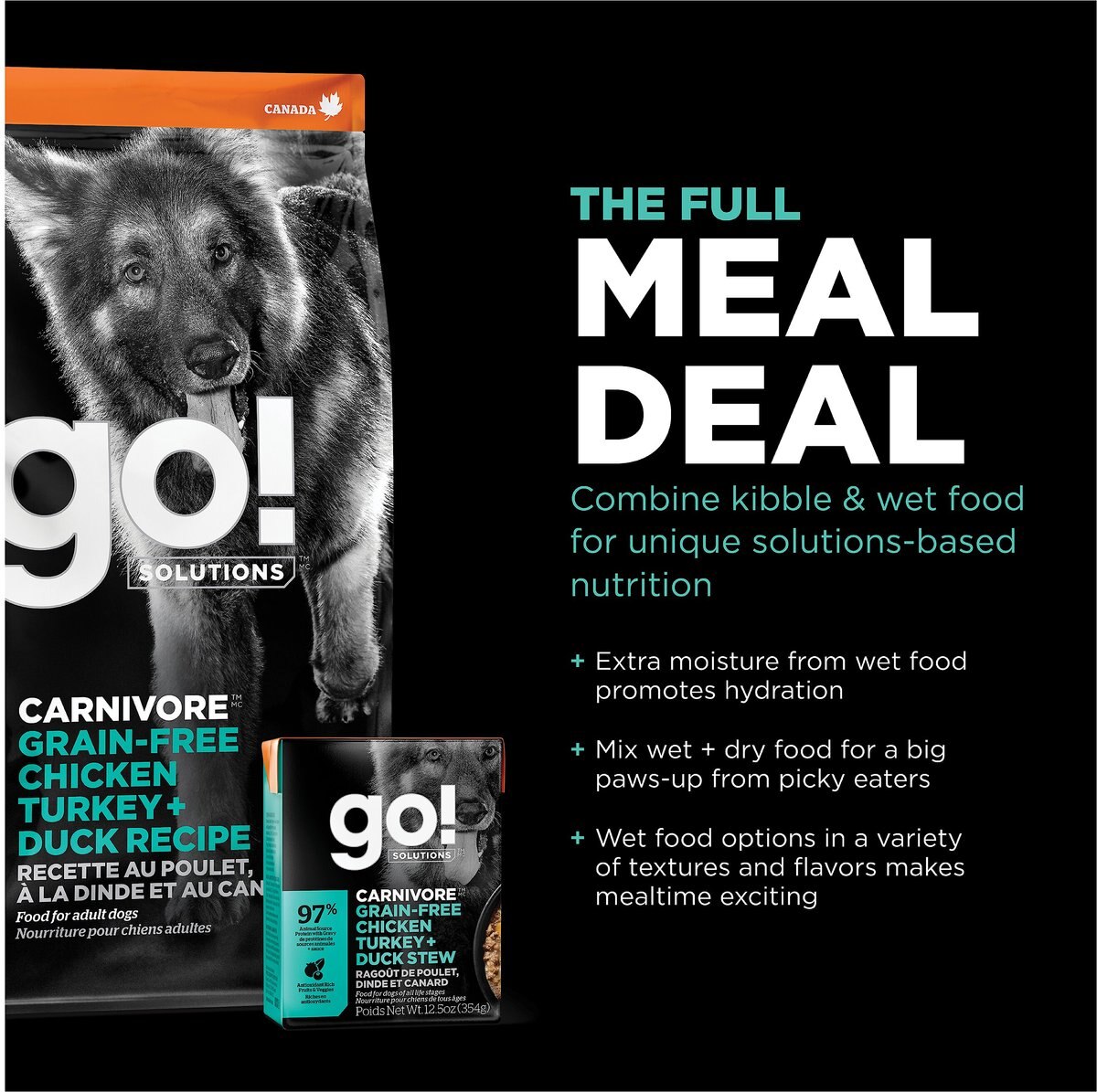 Go! Solutions Carnivore Grain-Free Chicken， Turkey + Duck Adult Recipe Dry Dog Food