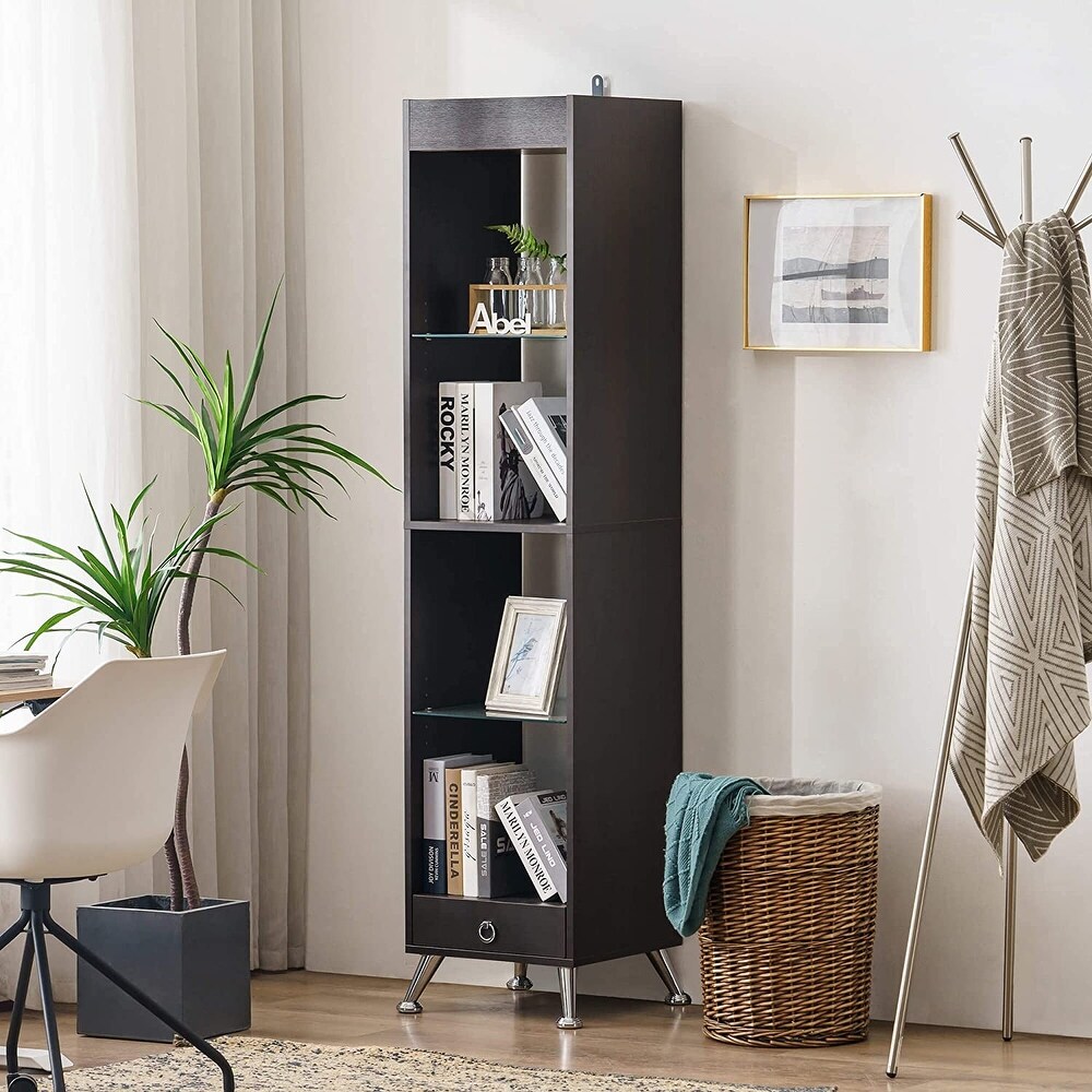 Ivinta Tall Bookshelf for Small Spaces  Narrow Bookcase with Adjustable Glass Display Shelf