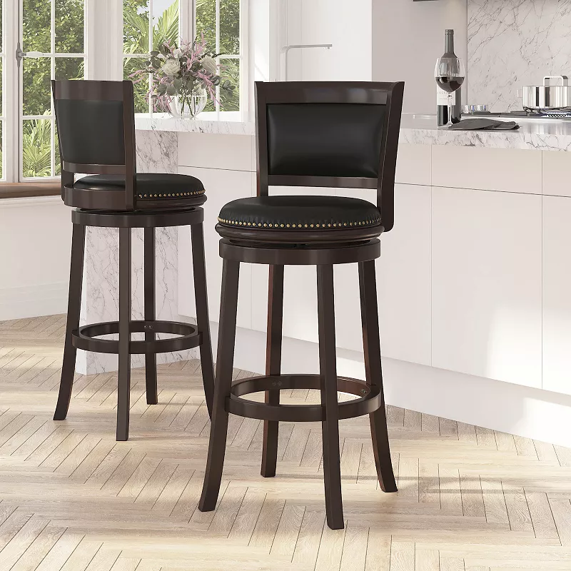 Merrick Lane Benjamin 30 Wooden Bar Height Stool with Upholstered Panel Back and Swivel Seat with Nail Trim