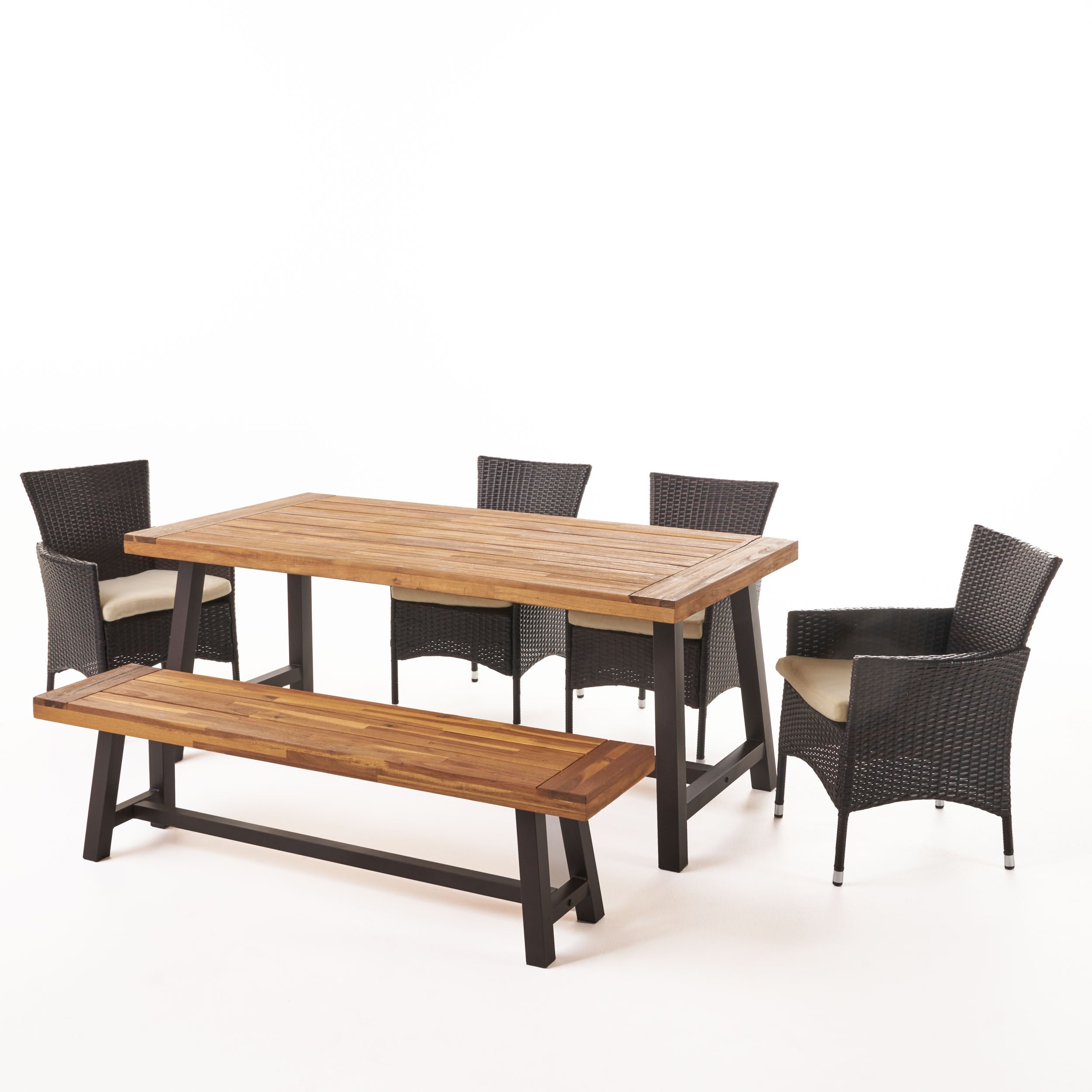 Linda Outdoor 6 Piece Iron and Sandblast Finished Acacia Wood Dining Set