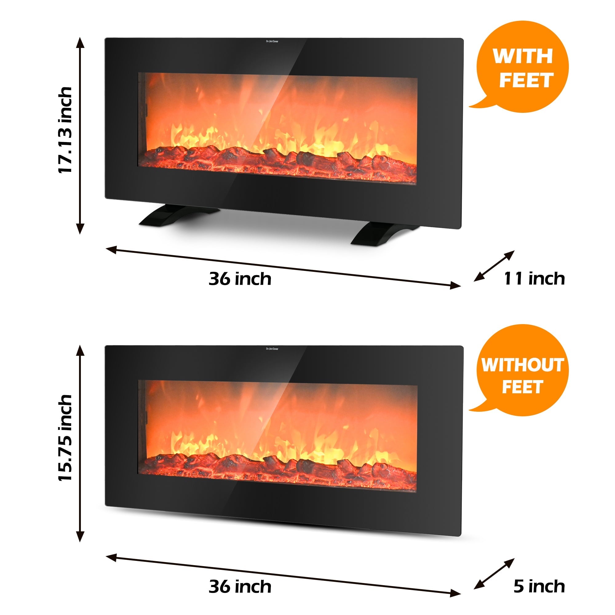 Lifeplus 36" 1500-Watt Freestanding/Wall-Mounted Electric Fireplace Heater, Black