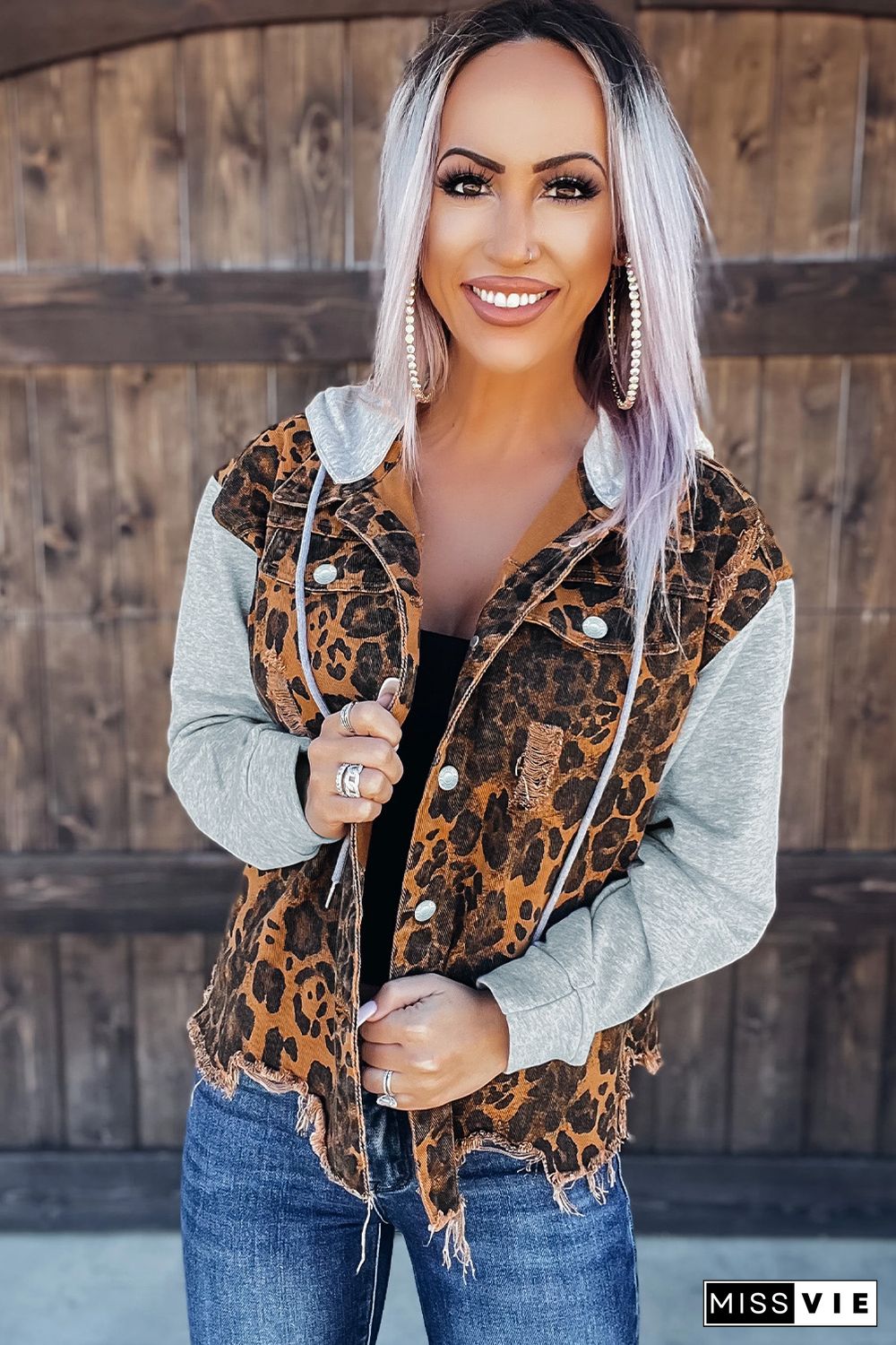 Leopard Ripped Hooded Denim Jacket