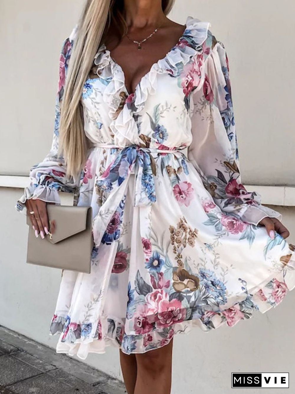 Female Sexy Deep V-Neck Ruffle Lace-up Mini Dress Elegant Floral Print Long Sleeve Women Dress Fashion Chic Draped Party Dresses