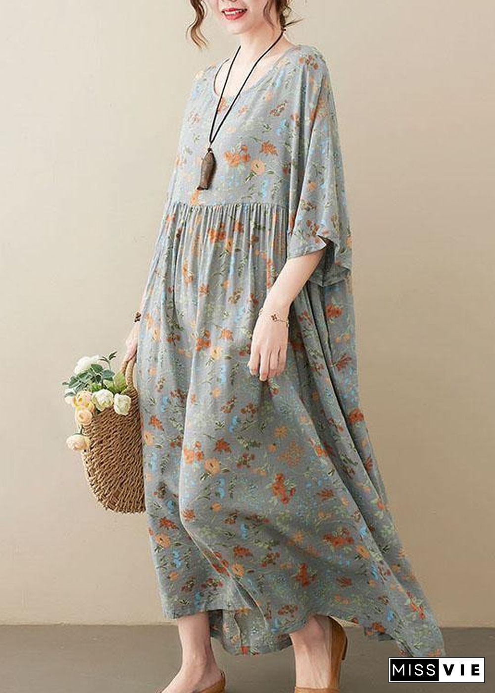 Elegant Grey O-Neck Patchwork Print Half Sleeve Summer Long Dress