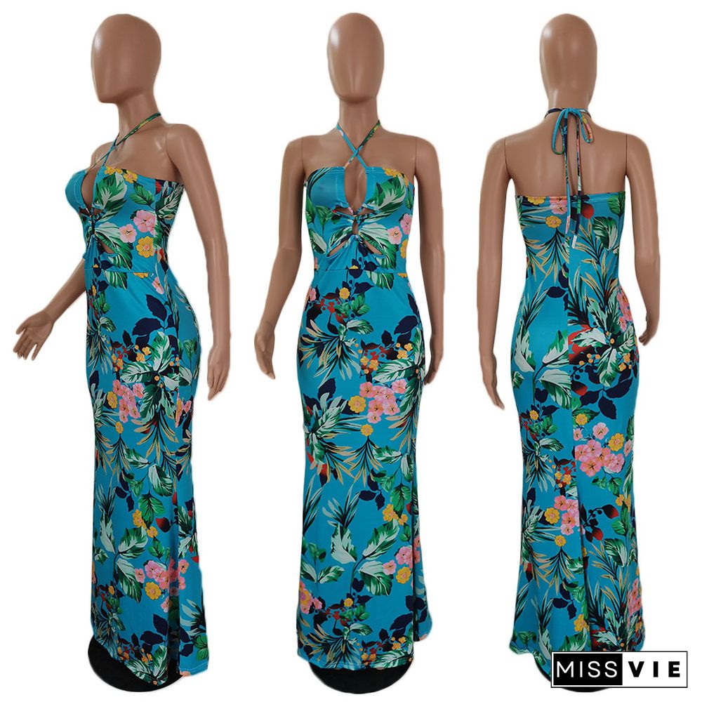 Elegant Summer Clothing Floral Print Sleeveless Halter Backless Bodycon Beach Party Maxi Dresses