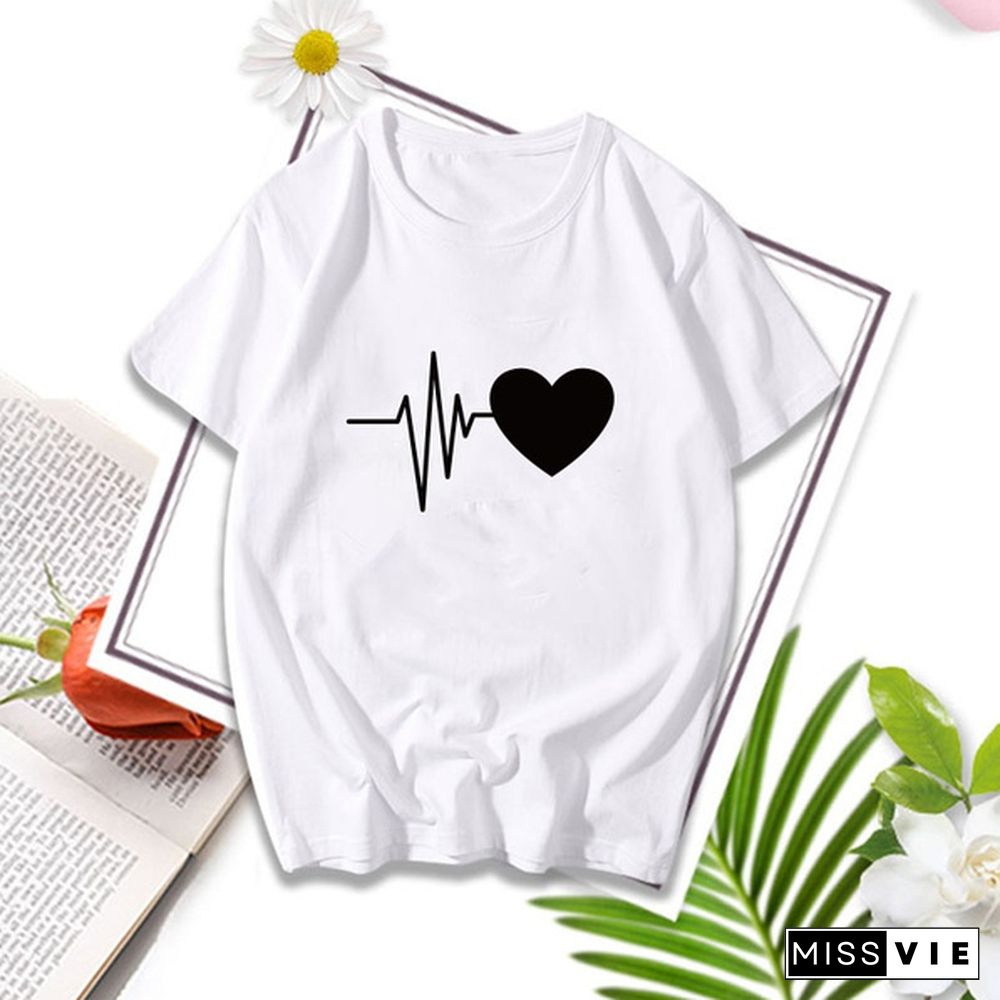 Summer Cotton Casual Love Women's T-shirt Printing Harajuku Fashion Solid Short Sleeve T-shirt Women's Shirt and T-shirt