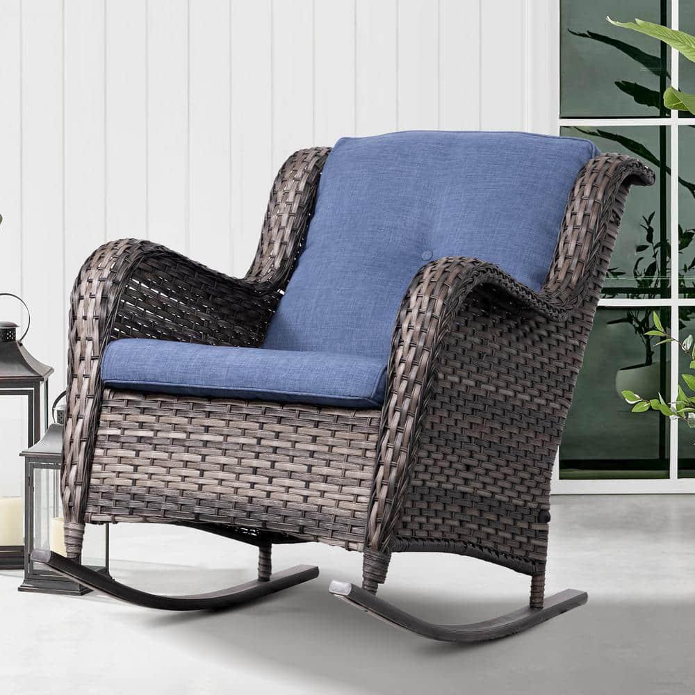 JOYSIDE Wicker Outdoor Patio Rocking Chair with Blue Cushion