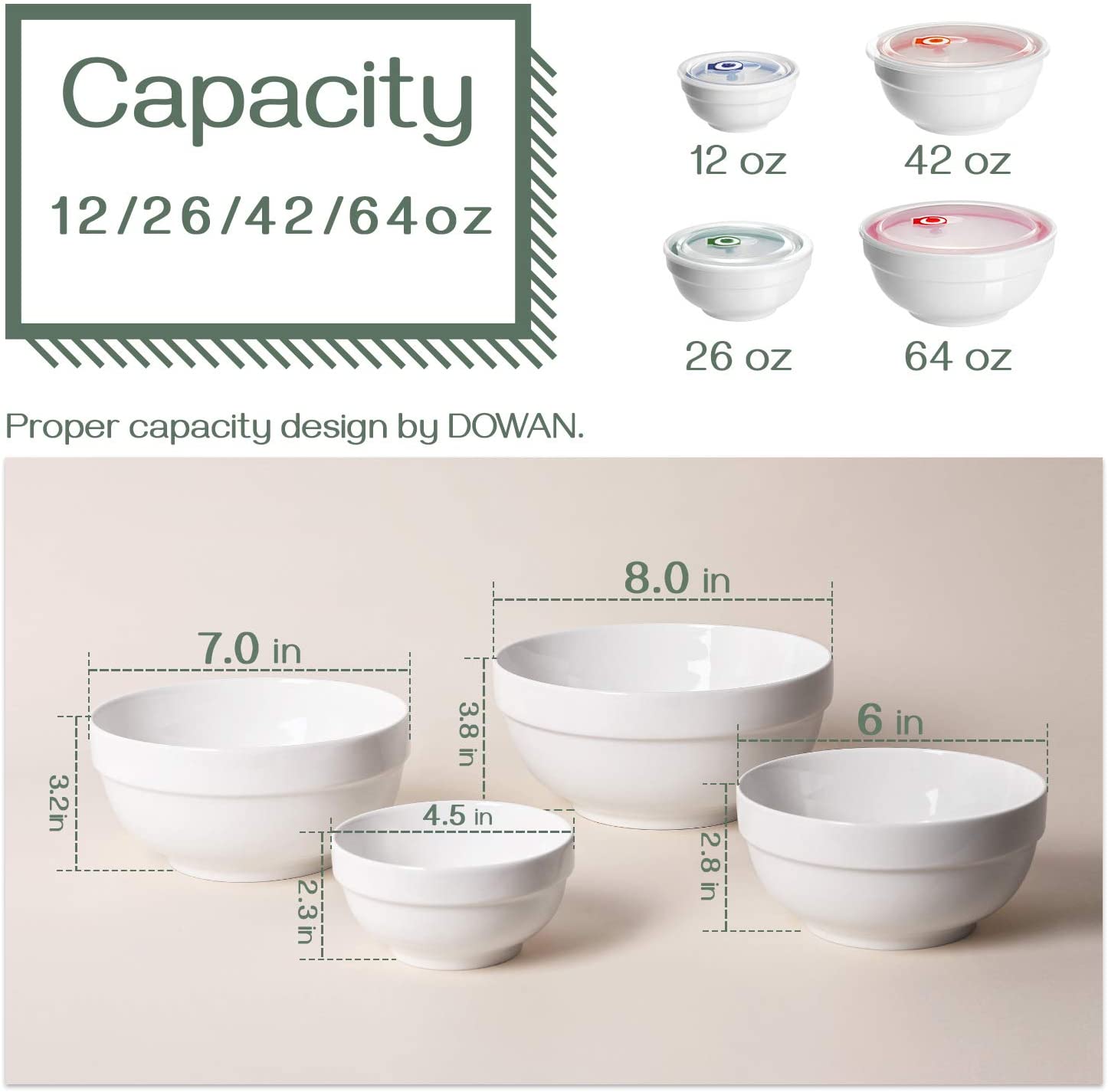 DOWAN White Ceramic Bowls with Lids， Serving Bowls with Lids， Food Storage Container， 64/42/22/12 oz， Set of 4