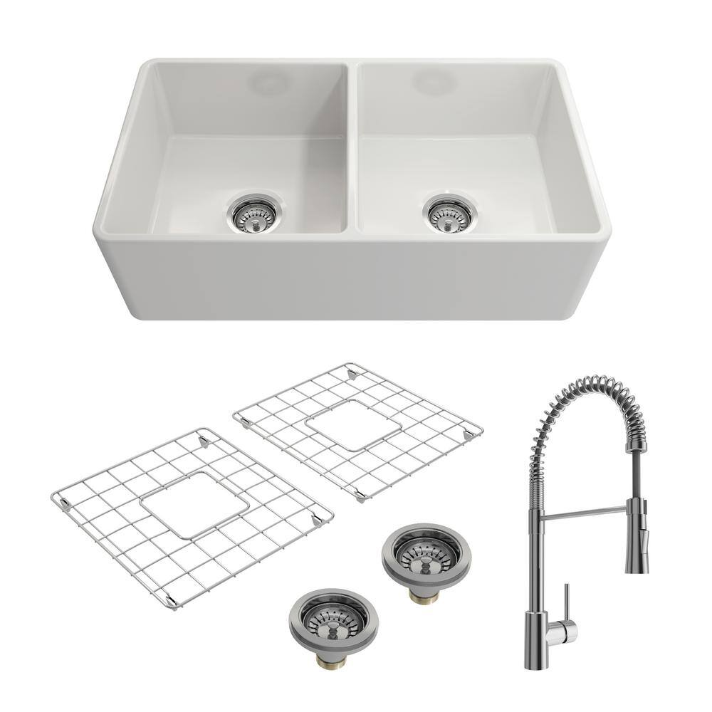 BOCCHI Classico White Fireclay 33 in. Double Bowl Farmhouse Apron Front Kitchen Sink with Faucet 1139-001-2020CH