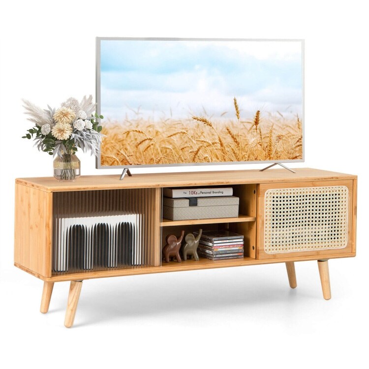 Modern TV Stand with Rattan Glass Sliding Doors Natural   47.5\