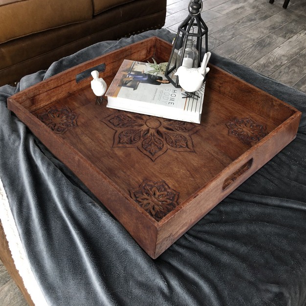 Mela Artisans Decorative Wooden Ottoman Tray W Handles medium Polish