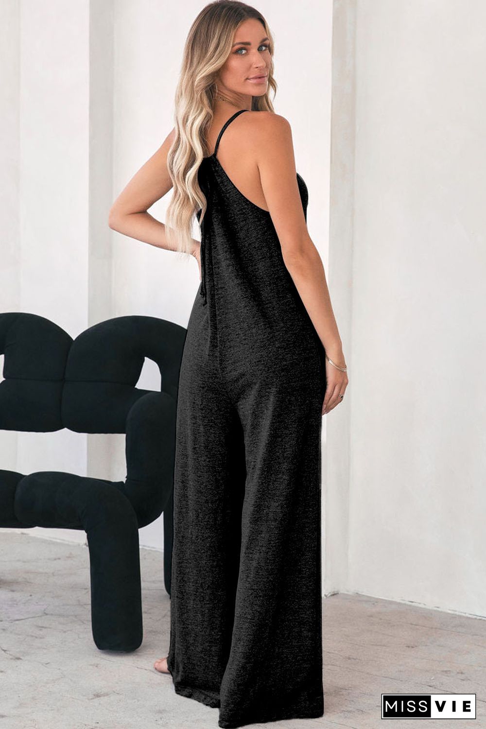 Black Loose Fit Side Pockets Spaghetti Strap Wide Leg Jumpsuit