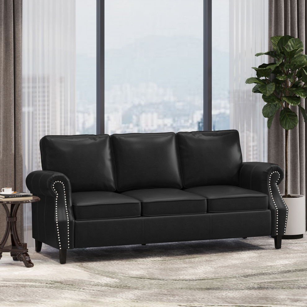 Burkehaven Contemporary Faux Leather 3 Seater Sofa With Nailhead Trim   Transitional   Sofas   by GDFStudio  Houzz