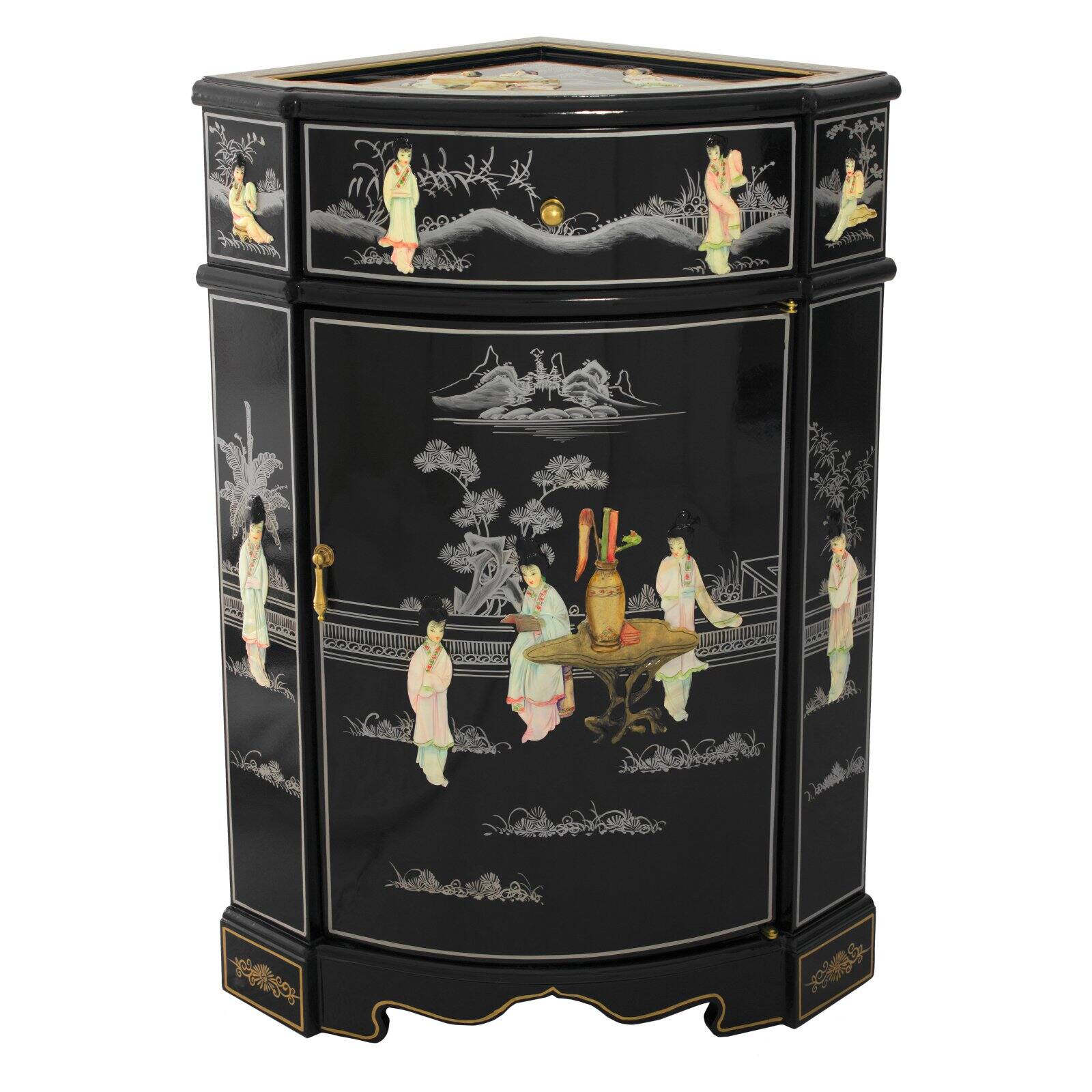 Oriental Furniture Small Corner Cabinet, 31.00"H, for any room, any occasion, black mother of pearl, hand crafted