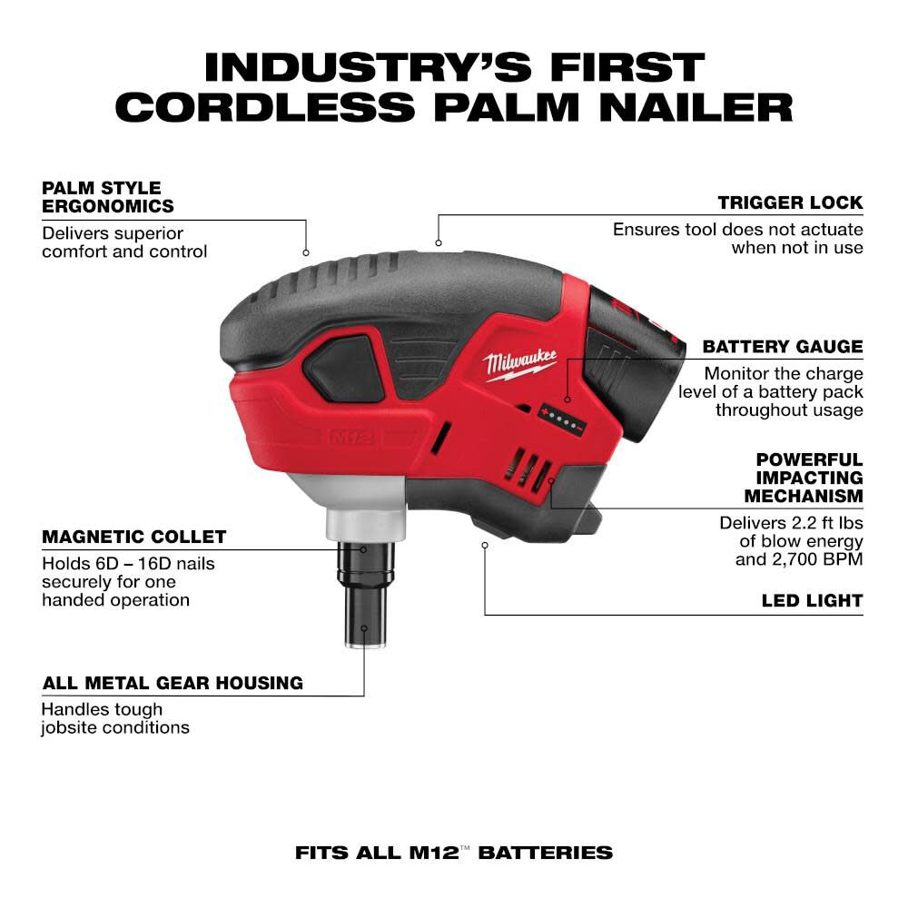 Milwaukee M12 Cordless Lithium-Ion Palm Nailer Kit 2458-21 from Milwaukee