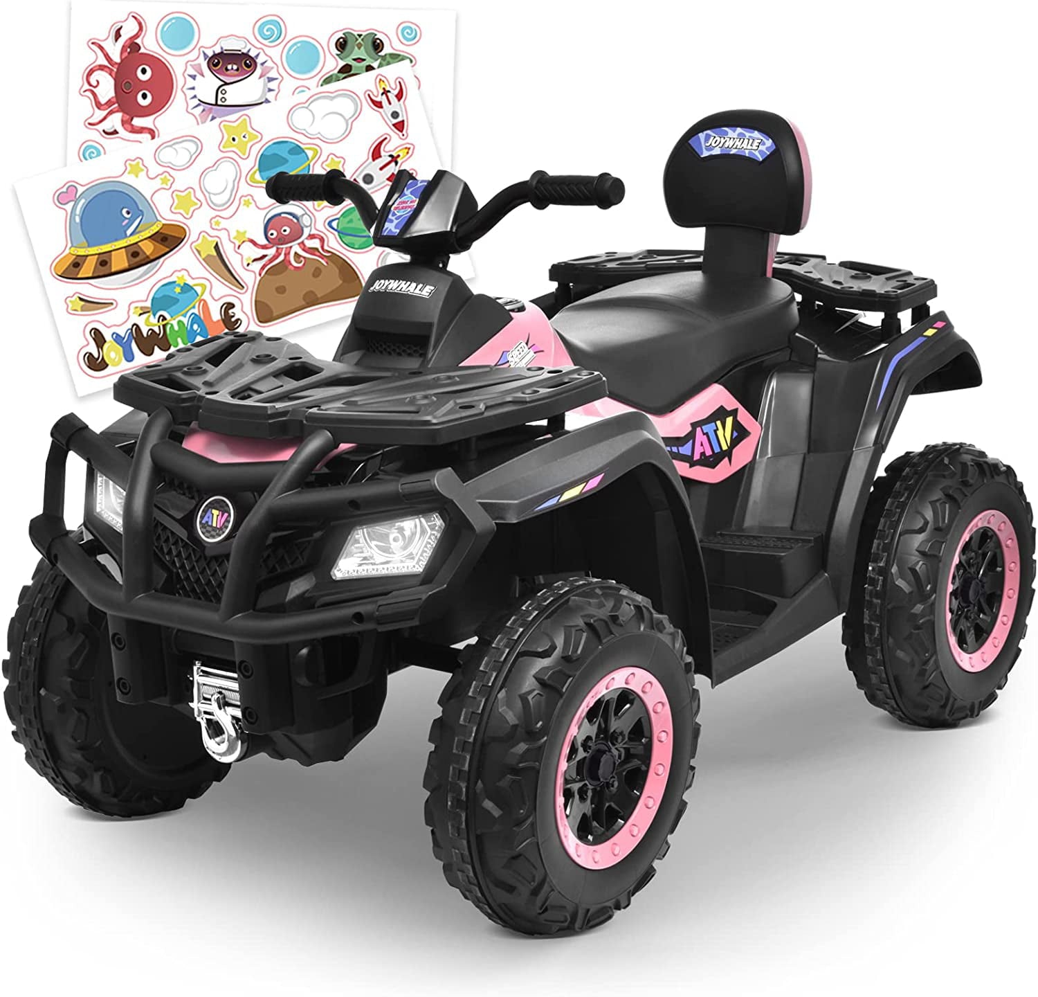 Joywhale 12V 2 Seater Kids Ride on ATV Car Battery Powered Electric Quad for Kids Ages 3-8, with DIY Sticker, 7AH Battery, Metal Suspension, Bright Headlights, Music, FM, Rear Pedal & Backrest, Pink