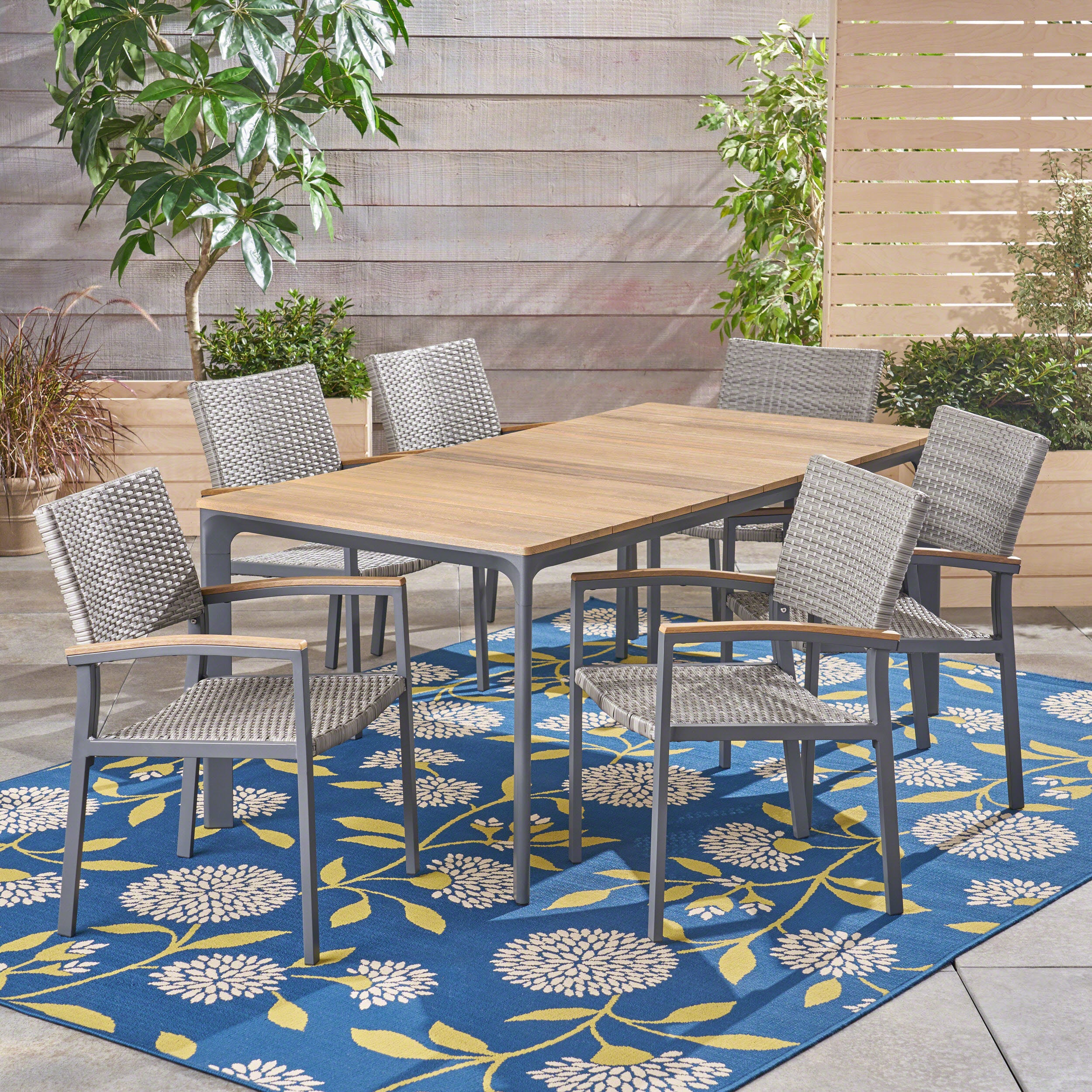 Huxley Outdoor Aluminum 7 Piece Dining Set with Wood Tabletop