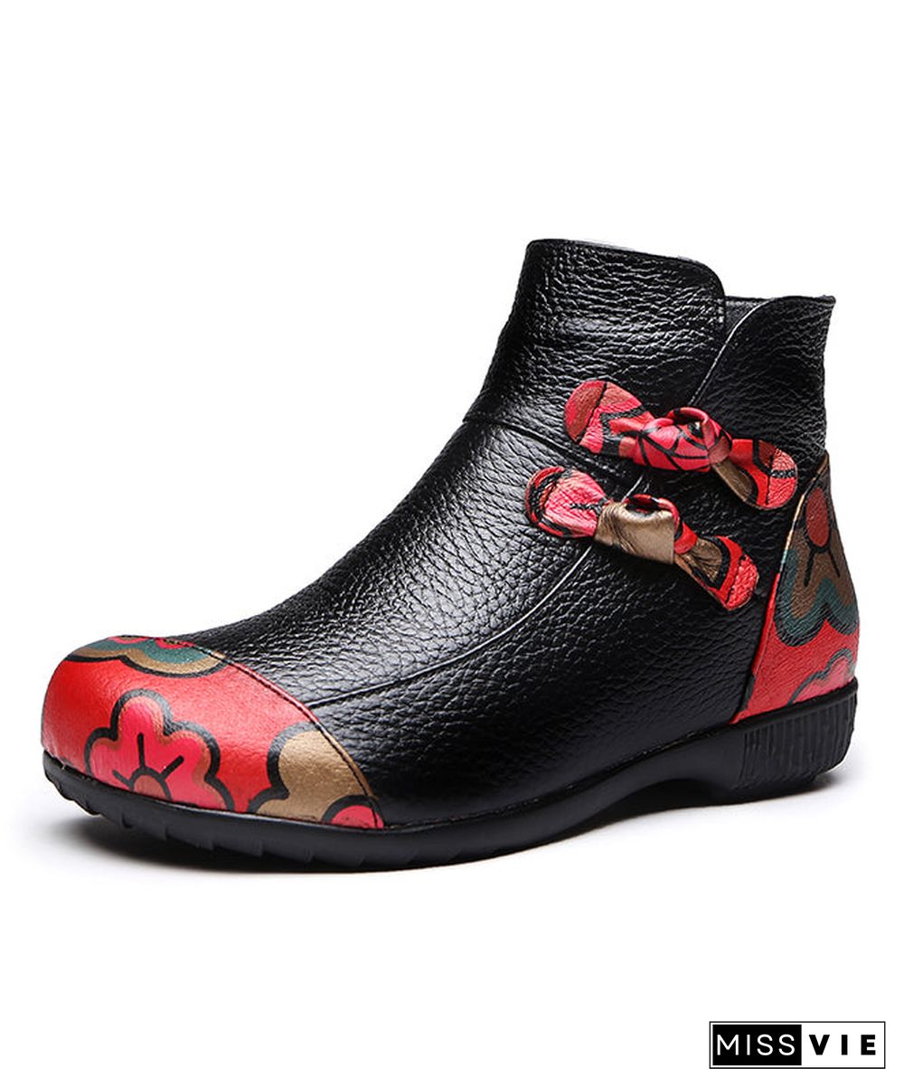 Black Boots Cowhide Leather Handmade Splicing Print