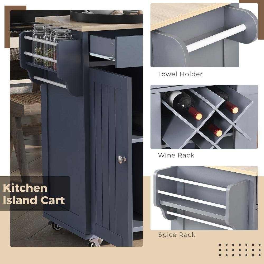 Tileon Gray Blue Wood Table Top 48 in. W Kitchen Island with Drawers 2 Storage Cabinets and Locking Wheels Wine Rack Spice Rack WYHDRA073