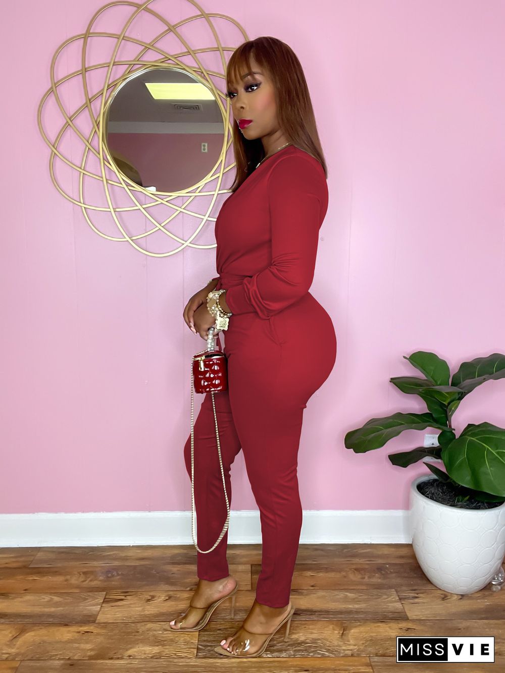 V Neck Lace Up Long Sleeve Bodycon Jumpsuit