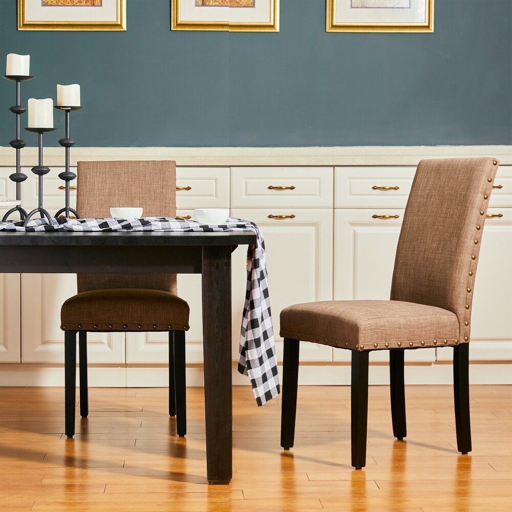 Glitzhome 38''H Set of 2 High Back Linen Fabric Studded Dining Chairs with Footpads