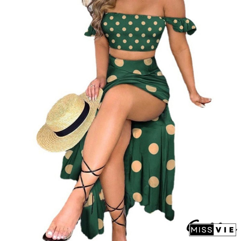 XS-5XL Fashion Summer Women Elegant Two Pieces Sets Cropped Top & Split Skirt Temperament Drop-shoulder Frilled Top and High Waist Split Dress