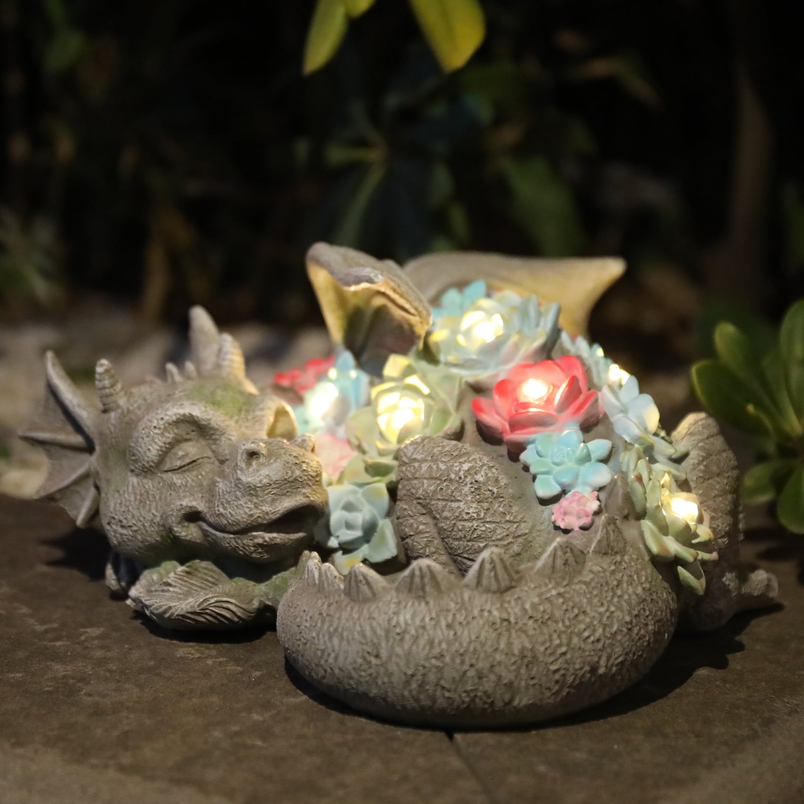 WONDER GARDEN Sleeping Dragon Statue with Solar LED Lights, 9.5